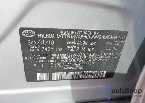 2011 Hyundai Sonata Gls z USA, uszkodzony, nr VIN 5NPEB4AC7BH152427